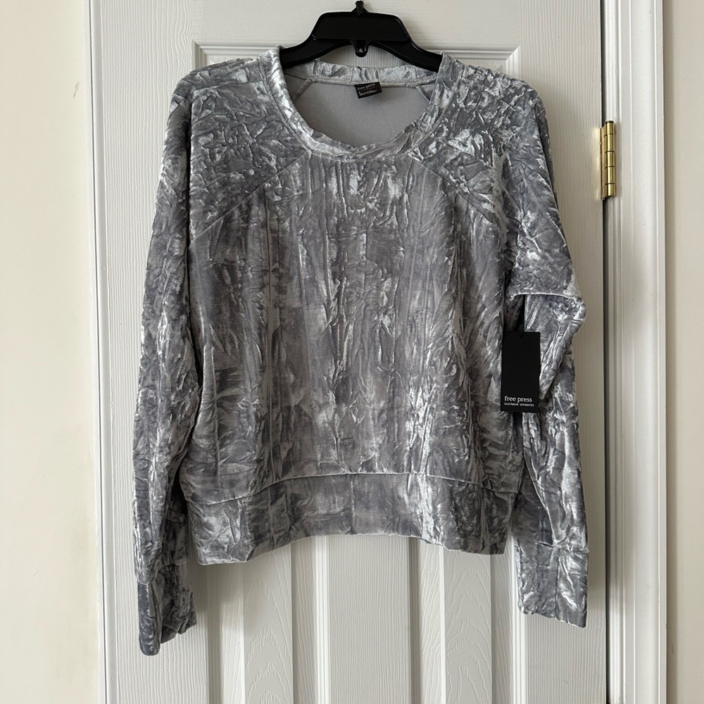 NWT Free Press Crushed Velvet Long Sleeve Shirt SILVER Medium